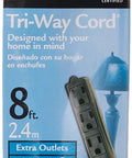 Light Duty Indoor Extension Cord 8 Foot 16 Gauge 3 Conductor With 3 Outlets Flat Design For Low Profile Clutter Free Setup 13 Amp 125 Volt Power Cord Black packaging