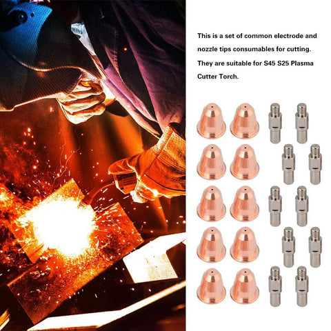 Badafaci Plasma Cutter Consumables Electrode Nozzle Kit For S25 And S45 Torch featuring copper nozzles and electrodes in use.