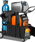 Beefy Heavy Duty Rolling Welder Cart With 360 Swivel Wheels Big Size Welder Cart For MIG MMA TIG Welding Machine And Plasma Cutter Tank Built Tough To Hold Up To 400 Lb Static Weight showing fully loaded view.