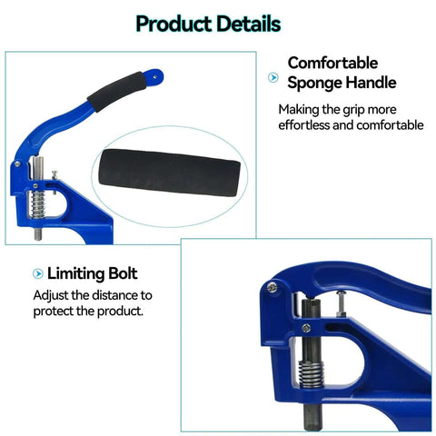 Hand Press Grommet Machine Workhorse with blue comfort handle and limiting bolt for signs, posters, scrapbooking, and leather craft.
