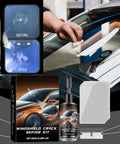 2 Pack Windshield Crack Repair Kit For Chips And Cracks Fast Glass Repair Liquid Glue For Car Window Auto Windshield Chip Repair Kit For All Crack Types Easy Five Minute Fix That Stops Spreading And Cuts Replacement Costs, shown with repair process and included accessories.