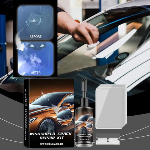 2 Pack Windshield Crack Repair Kit For Chips And Cracks Fast Glass Repair Liquid Glue For Car Window Auto Windshield Chip Repair Kit For All Crack Types Easy Five Minute Fix That Stops Spreading And Cuts Replacement Costs, shown with repair process and included accessories.