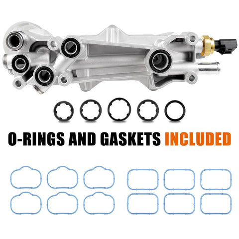 Beefed-Up Full Aluminum Engine Oil Filter Housing And Oil Cooler Kit For 3.6L V6 with included O-rings and gaskets.