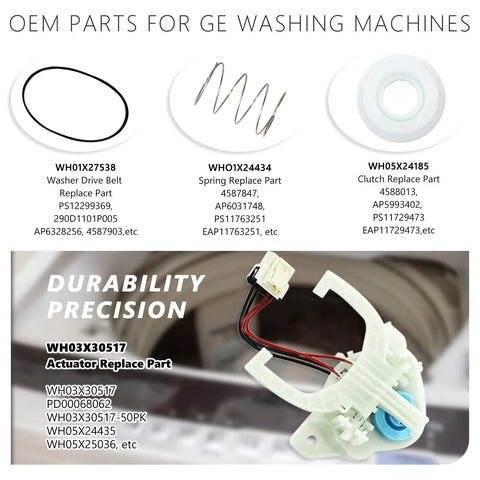 Front view GE washer parts kit: WH03X30517 actuator, WH01X27538 belt, WH01X24434 spring, WH05X24185 clutch.
