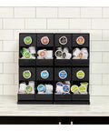 Front view of 8 Count Modular Coffee Pod Merchandiser For Commercial Use - Slim, Gravity-Dispense Design with K-Cup pods on countertop