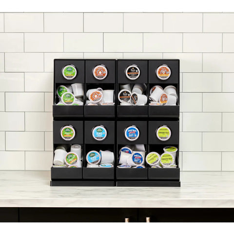 Front view of 8 Count Modular Coffee Pod Merchandiser For Commercial Use - Slim, Gravity-Dispense Design with K-Cup pods on countertop