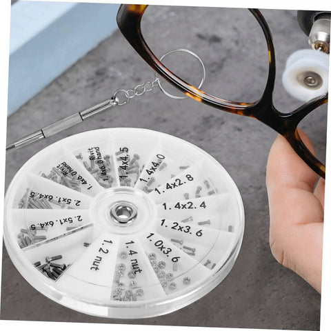 Eyeglass Repair Kit With Screws And Mini Screwdriver Components For Quick Fixes To Glasses Sunglasses And Watches with round storage box