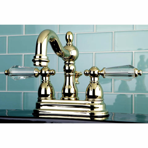 4 Inch Centerset Bathroom Faucet Polished Brass Deck Mount 3 Hole Installation No Drip Ceramic Disc Cartridge shown in a bathroom.