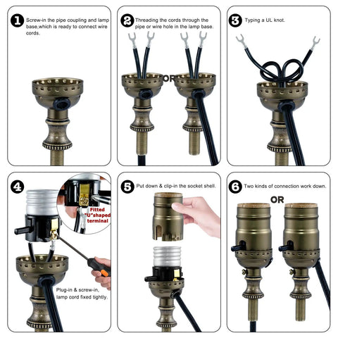 Antique Brass Lamp Rewire Kit With 12 Foot Polarized Cord Rock Solid Socket Replacement and Dead Simple Diy Wiring instructions.