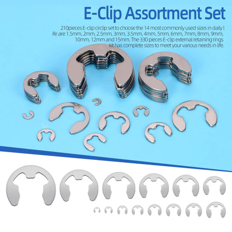 304 Stainless Steel E Clips Retaining Rings Set, 14 Sizes From 1.5mm to 15mm, displayed with tweezers and gear assemblies