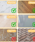 Surface compatibility chart for triangular anti slip rug grippers showing marble, wood, ceramic, and epoxy floors