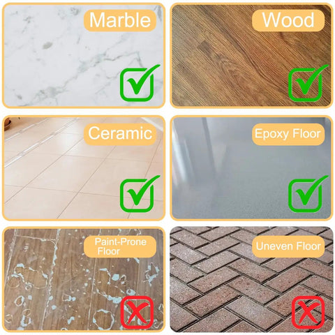 Surface compatibility chart for triangular anti slip rug grippers showing marble, wood, ceramic, and epoxy floors