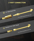 Garage Ready Dual Head Air Chuck Set With Closed Flow One Quarter Inch NPT Heavy Duty Tire Inflation Kit Includes Ball Head Chuck Standard Male Quick Plug Teflon Tape And Valve Caps For Fast Leaks Free Air Filling showing 2-way connection with 1/4 inch quick plug and 1/4 inch F-NPT thread attachment.