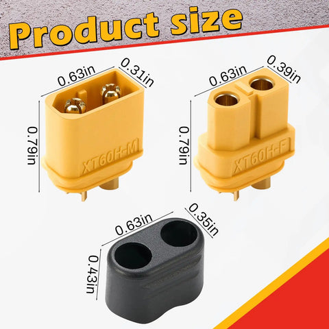 XT60 Upgrade 24 Pair Battery Connectors Set For RC, Male And Female Bullet Plugs With 48 Sleeves, sizes and details shown