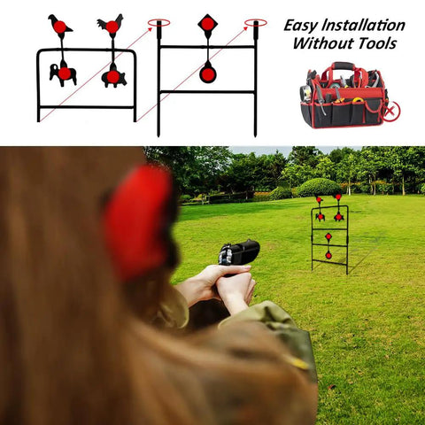 Outdoor BB Gun Spinning Target With Easy Resetting Mechanism in use, person aiming at all-metal spinning targets in a field