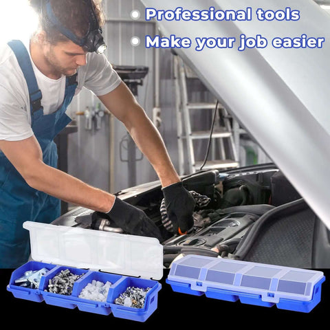 Mechanic using Six Pack Screw Organizer Box With Lids For Nuts And Bolts Four Compartments Plastic Hardware Storage Case.