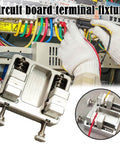 Pro Grade Soldering Station Wire Clamp Fixture Table For Stable Circuit Board Assembly shown in use with wires and terminal blocks