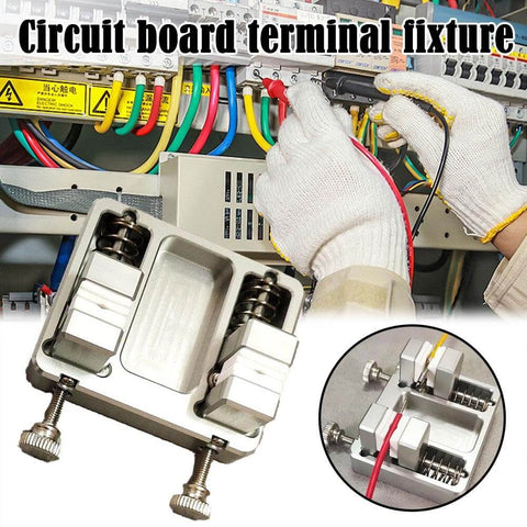 Pro Grade Soldering Station Wire Clamp Fixture Table For Stable Circuit Board Assembly shown in use with wires and terminal blocks