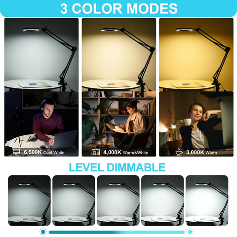 LED Magnifier Desk Lamp With Stand Three Color Modes And Stepless Dimming 5 Diopter Glass Lens Adjustable Swivel Arm