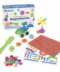 Hands On STEM Magnetworks Set With 14 Magnet Experiments For Kids Ages 5 And Up, showing various colorful magnetic pieces and box.