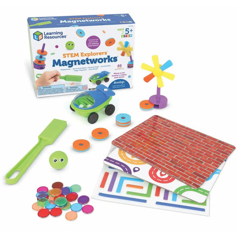 Hands On STEM Magnetworks Set With 14 Magnet Experiments For Kids Ages 5 And Up, showing various colorful magnetic pieces and box.