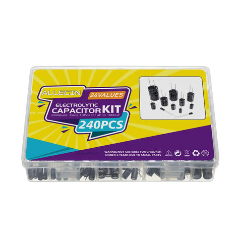 Electrolytic Capacitor Kit With 24 Inline Aluminum Caps, Ranging From 0.1uF To 1000uF And 10V 16V 25V 50V, plastic storage box