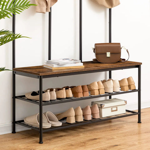 Spacious Rustic Brown Hall Tree With Bench And Coat Rack All In One Mud Room Storage With 12 Double Hooks And Shoe Organizer