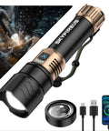 Ultra Bright 3000 Lumen LED Flashlight With Ignition Lens Fire Starter, showing flashlight, lens, and charging cable.
