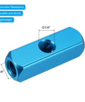 Close-up of a blue Two Way Five Port Aluminum Air Manifold Inline Block Splitter Kit with G1/4 Inch Threads, showing a single port.