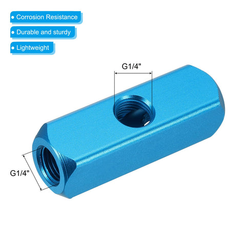 Close-up of a blue Two Way Five Port Aluminum Air Manifold Inline Block Splitter Kit with G1/4 Inch Threads, showing a single port.