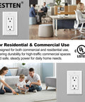 50 Pack 15 Amp Electrical Outlet Receptacles Non Tamper Resistant DIY Friendly With Decorator Wall Plate And Screws Included Gloss White Finish 125 Volt 1875 Watt UL Listed with family in living room and office setting