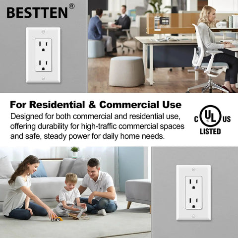 50 Pack 15 Amp Electrical Outlet Receptacles Non Tamper Resistant DIY Friendly With Decorator Wall Plate And Screws Included Gloss White Finish 125 Volt 1875 Watt UL Listed with family in living room and office setting