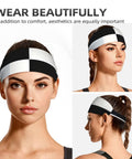 Black And White Piano Grid Print Stretchy Headbands Sweat Wicking And Ultra Breathable Workout Band worn by a model from different angles.