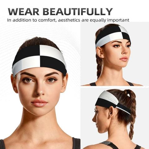 Black And White Piano Grid Print Stretchy Headbands Sweat Wicking And Ultra Breathable Workout Band worn by a model from different angles.