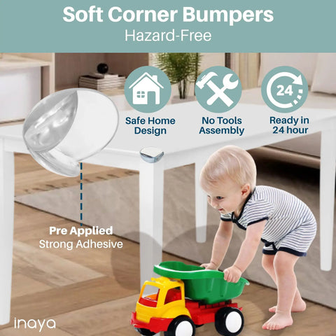 All In One Baby Proofing Kit Easy To Install With Hidden Cabinet And Drawer Locks, Adjustable Latches, Corner Guards And Outlet Covers, 4 In 1 Child Safety Pack shows soft corner bumpers on table.