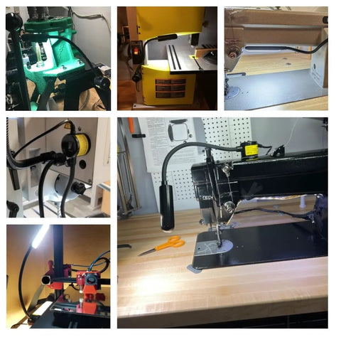 Top Shelf Heavy Duty 30 Led Magnetic Work Lamp With Slick Silicone Gooseneck And Easy Press Button For White Lighting On Sewing Machines Drill Presses Desks And Workbenches in use on various machines.
