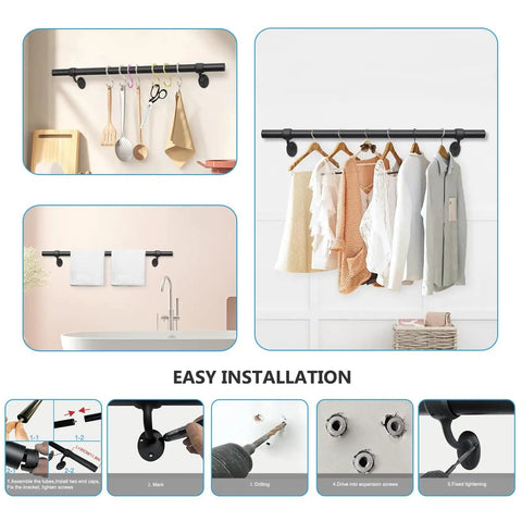 Heavy Duty Black Metal Stair Railing Wall Mounted Non Slip Handrail For Indoor Outdoor Stairs Solid Safety Grab Bar With Smooth Polished Finish, installation instructions and usage visuals.