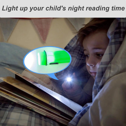 Child reading with Mini LED Flashlight Keychain 24 Pack Bulk Assorted Colors For Hiking Camping Parties Night Reading Kids Emergency Prep Hunting And Everyday Carry Tiny Portable Pocket Light.