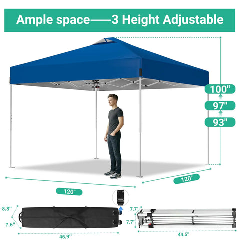 Man standing under Blue 10x10Ft Pop Up Canopy Tent With Easy Setup Portable Outdoor Gazebo Shelter Sun Shade, showing adjustable height options
