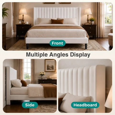 Modern Twin Bed Frame With Padded Wing Headboard And High Density Foam Upholstery Solid Wood Base Built Like A Tank Hella Comfy Zero Sag Bedroom Furniture Room Ready Design, front view.
