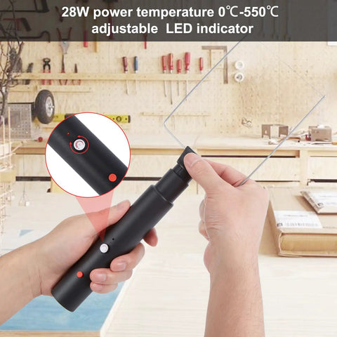 User holding 4 In 1 Foam Cutter Kit For Styrofoam And Easy Carving, Electric Cutting Pen with U Shape Tip, in workshop.