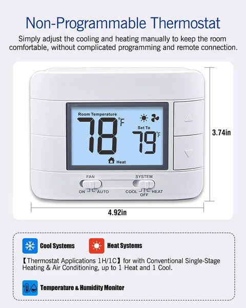 No Fuss Non Programmable Thermostat For Home 1 Heat 1 Cool Single Stage System With Humidity Display and Large LCD Screen