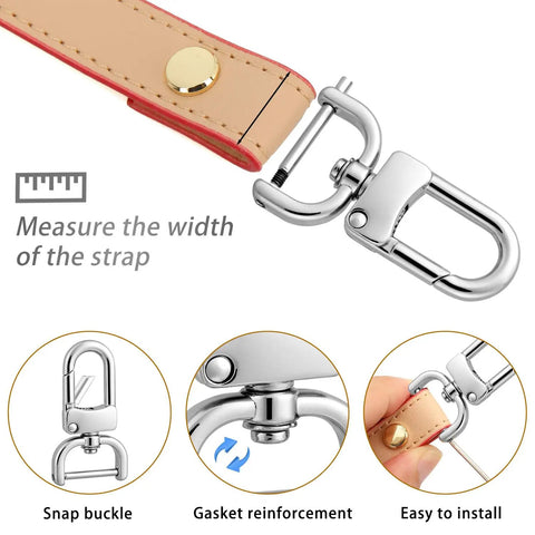 4 Pack Detachable Snap Hook Swivel Clasps With D Rings For DIY Purse Strap Replacement, Silver Three Quarter Inch, Rust Resistant Zinc Alloy Hardware, Heavy Duty Bag Strap Making Kit, showing swivel clasp attached to strap with installation features