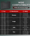Wide compatibility chart for 3.6L Pentastar Timing Tool Kit with cam phaser locking tools, showing Chrysler, Dodge, Jeep, Ram models