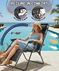 Woman lounging on Zero Gravity Lounge Chair For Poolside And Patio Adjustable Reclining Steel Mesh Folding Recliner with pillow and cup tray