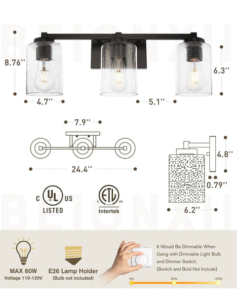 3 Light Vintage Style Vanity Light Fixture for Bathrooms in Oil Rubbed Bronze With Clear Seeded Glass Mid Century Modern Wall Sconce for Bath Vanity Hallway Or Bedroom 24.5 W x 8.7 H