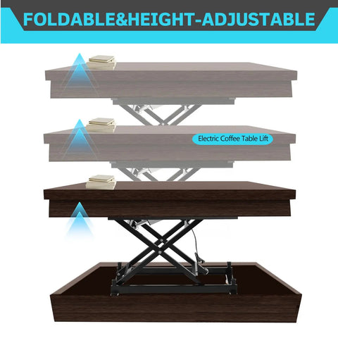 Electric Lift Coffee Dining Table With Remote Control showing height-adjustable mechanism, dark wood finish, and books on top.