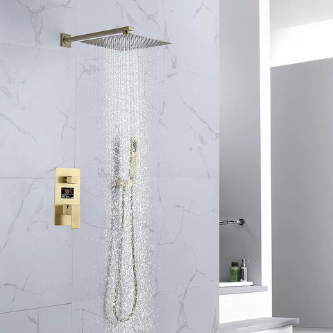 Top Shelf Slick Brushed Gold Rain Shower System With A Sharp Digital Display And Effortless Single Lever Valve overhead with water flow.