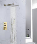 Slick Wall Mounted Rain Shower System Featuring Water Powered Led Digital Display And Easy Grip Single Lever Controls Includes Heavy Duty Eight Inch Brushed Gold Rainhead Paired With Reliable Handheld Shower Wand, showcasing brushed gold rain showerhead with water flow.