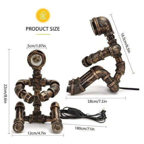 Dope Steampunk Table Lamp With Vintage Industrial Metal Robot Design, water pipe desk light dimensions and USB cable.